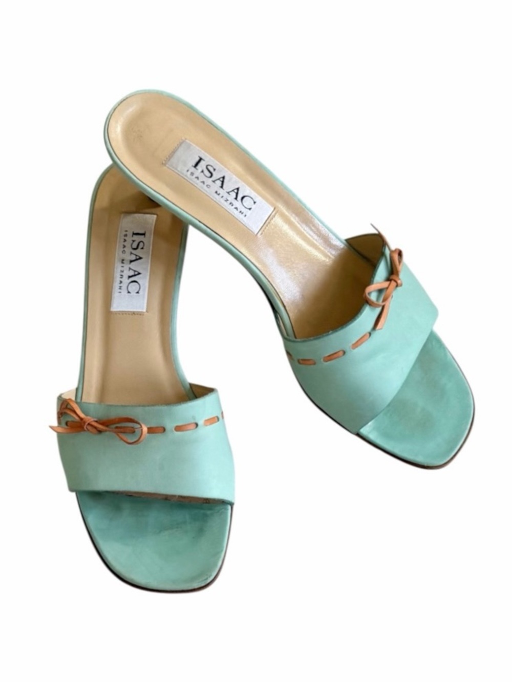 Isaac Mizrahi Mint Green Leather Whipstitch Bow Kitten Heel Mule Sandals 7 w/Box